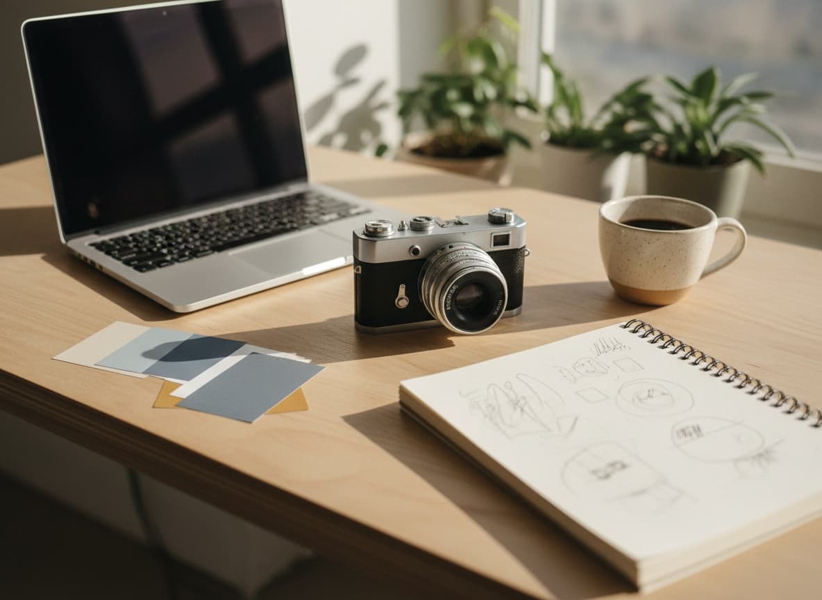 Creative production desk with camera, laptop, and color swatches