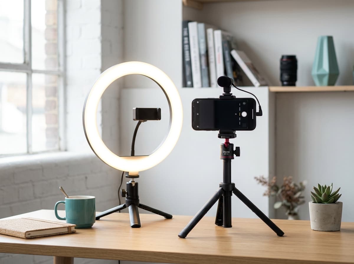 Smartphone on a tripod with a ring light, content creation setup