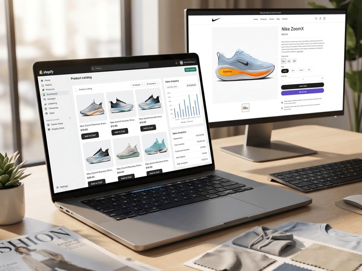 Shopify product catalog and storefront open across laptop and monitor