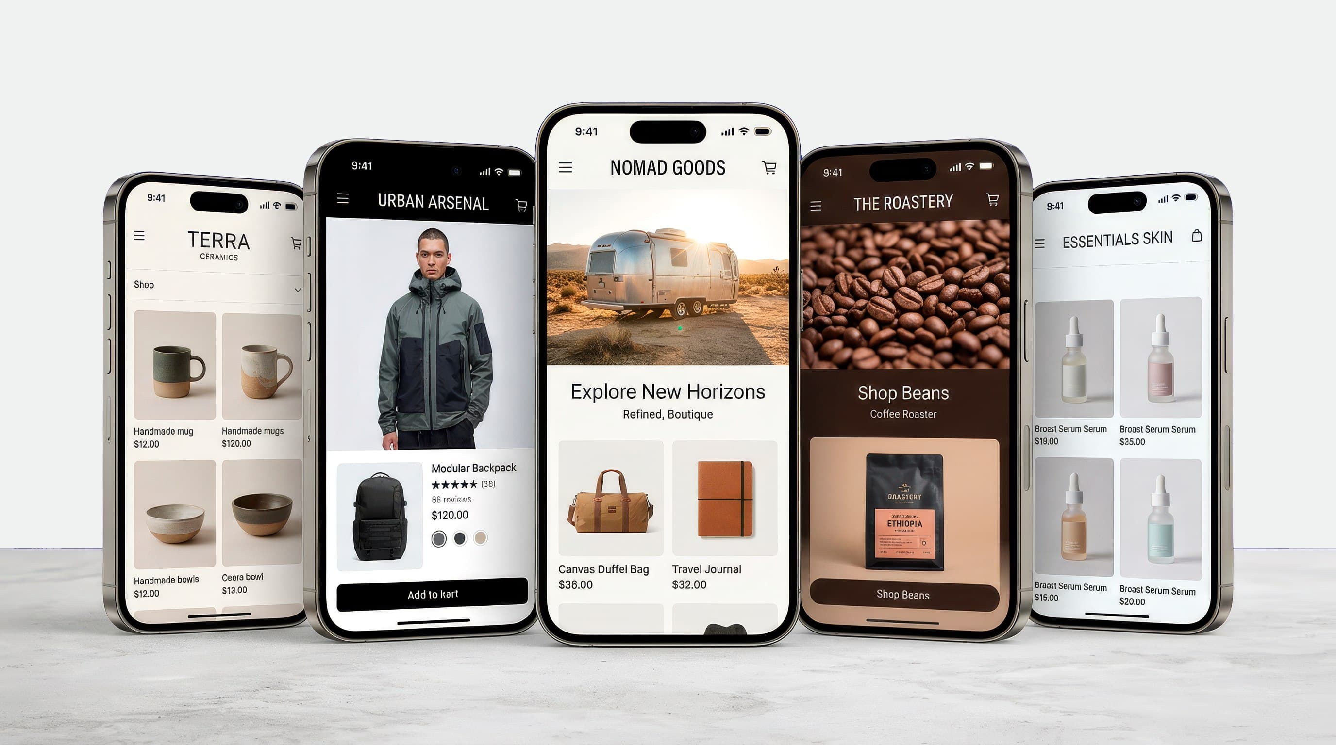 Shopify store previews across multiple devices, showing custom product and collection pages